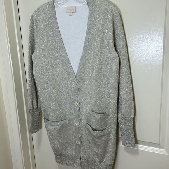 J. Crew Collection - Double-Knit Sparkle Long Cardigan Sweater - Size XS, Silver - Picture 8 of 17